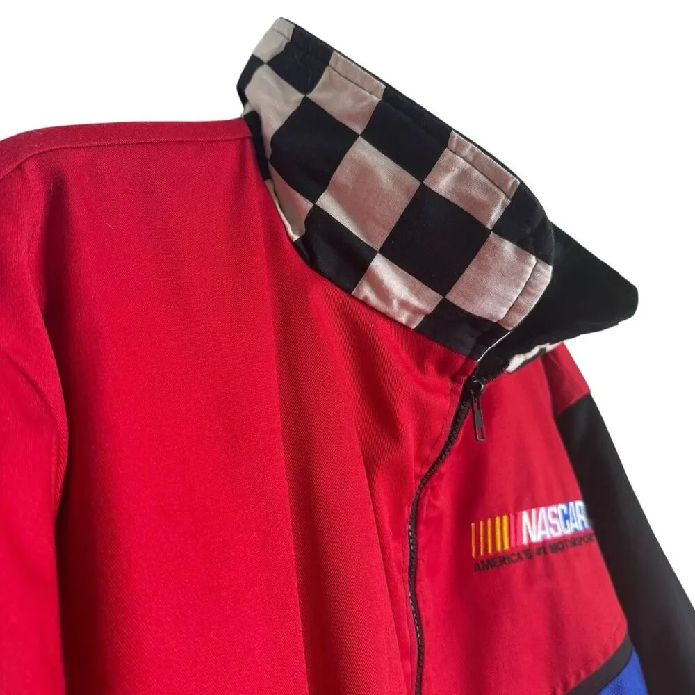 Vintage 90s NASCAR Color Block Jacket Red Black Blue‎ Yellow Full Zip Mens XL